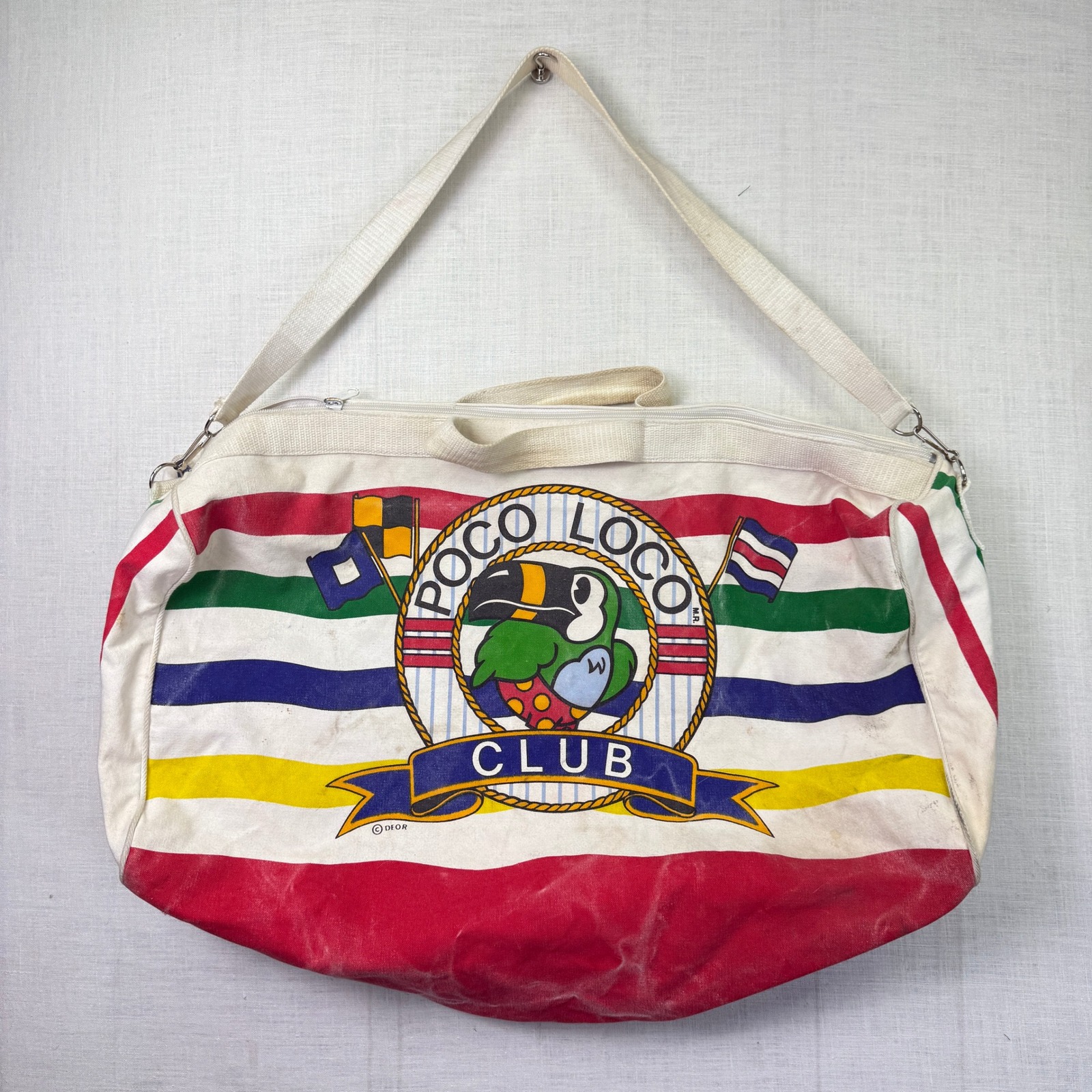 Vintage Poco Loco Club Duffel Bag L Multi Color Striped Cancun Toucan Bag 26x20"